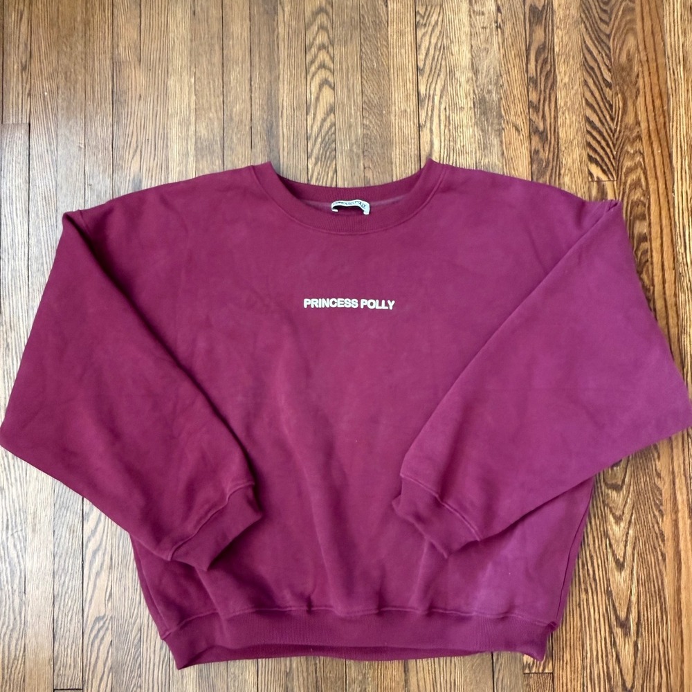 Princess Polly Oversized Crewneck Sweatshirt Burgundy Logo Pullover US 10 (XL)